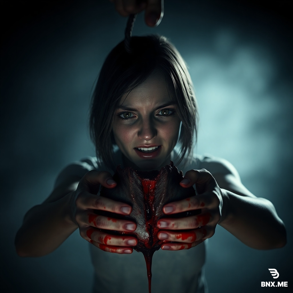 Ellie from The Last of Us Part I, severed head held by a person's hands, blood dripping from the neck stump, horrified expression on Ellie's face, hyperrealistic, cinematic lighting, dark moody atmosphere, gore, detailed anatomy, 8K, raw violence, photorealistic, horror aesthetic, deep shadows, blood splatter on hands