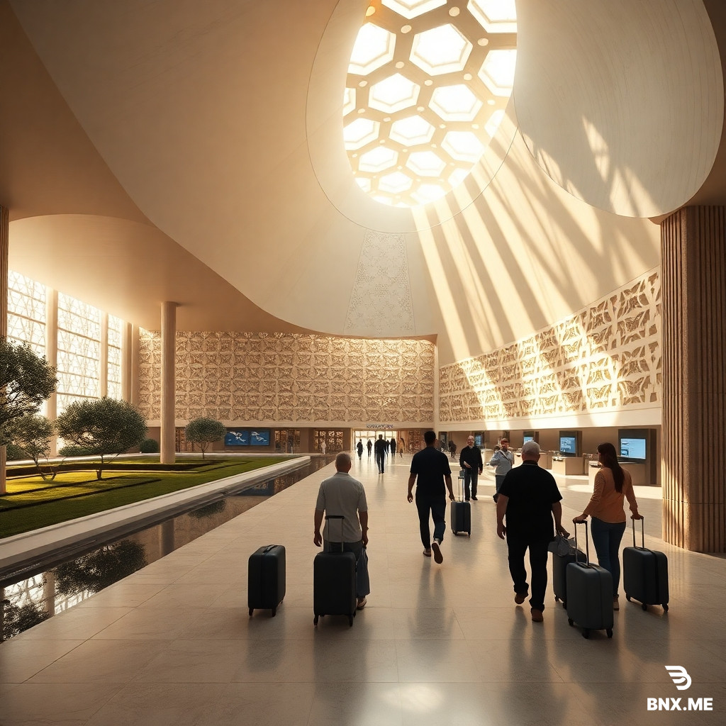 Hyper-realistic architectural interior rendering of the main check-in hall of an international airport terminal in Aleppo, Syria. Eye-level wide-angle view.  The roof is a flowing wave of white perforated concrete, allowing beams of dusty golden sunlight to enter through large octagonal star-shaped skylights, creating moving geometric shadow patterns on the polished stone floor.  The back wall is a modern reinterpretation of Aleppo stone latticework (Mashrabiya) with intricate Islamic star patterns, filtering external light. To the left, a sunken indoor garden with olive trees and a long reflective water channel runs parallel to the check-in counters.  The columns are clad in local basalt stone with narrow vertical grooves. Passengers in casual attire are walking through the space, with suitcases. The atmosphere is warm, cultural, yet futuristic and minimalist. Architectural photography, volumetric lighting, 8k, cinematic contrast, highly detailed textures.--ar 16:9