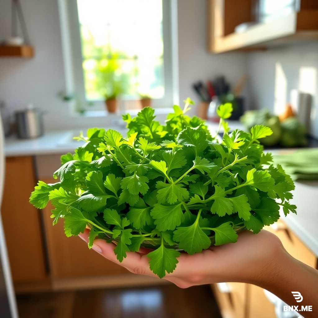 A person preparing or holding a fresh green salad in a modern kitchen, filled with spinach, arugula, and parsley, with bright, natural light streaming in through a window.