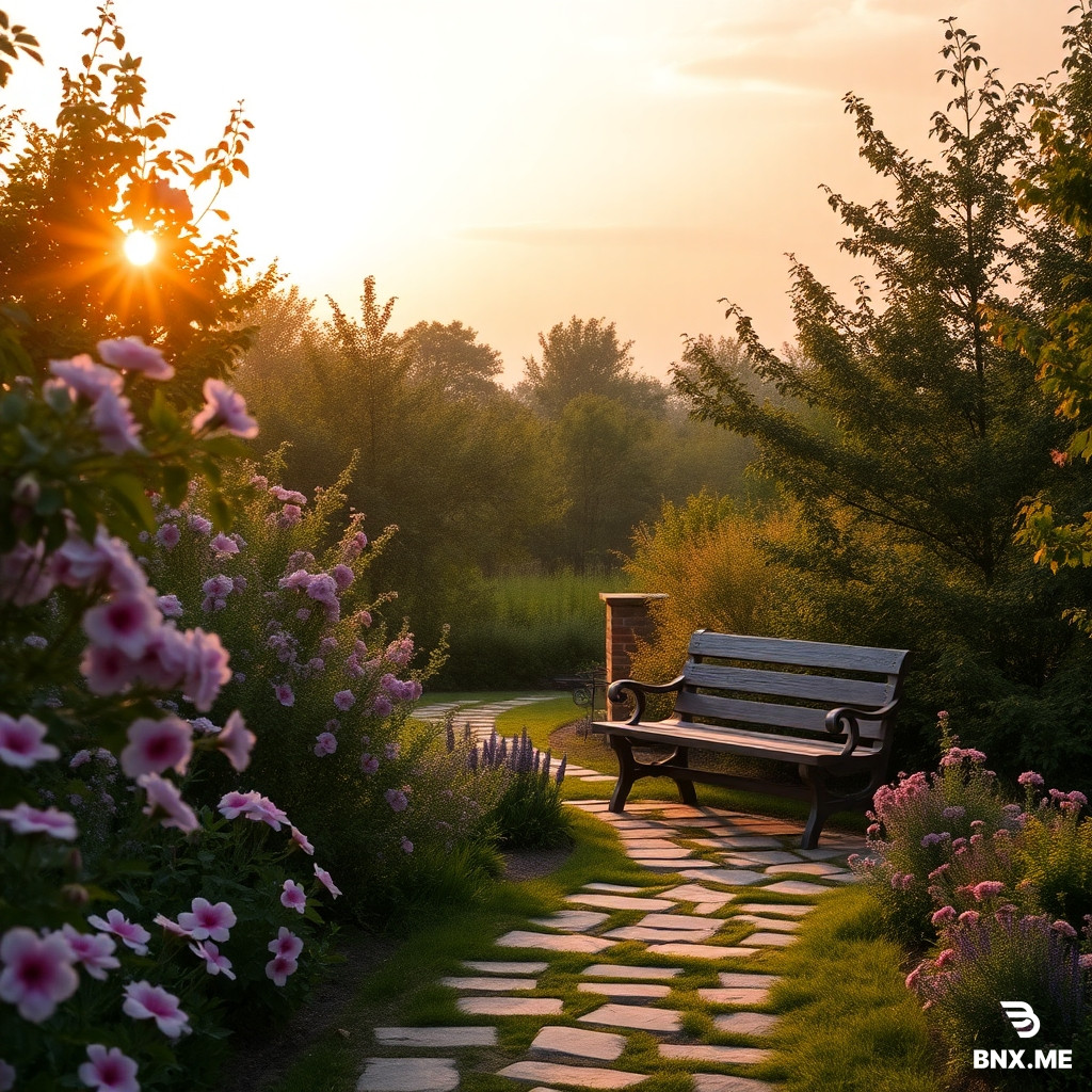"A dreamy garden at golden hour, soft sunlight filtering through leafy trees, blooming flowers in soft pink and lavender, a winding stone path leading to a vintage wooden bench. The sky is a gradient of warm orange, cotton candy pink, and soft purple with gentle, wispy clouds. Shot with a shallow depth of field, slightly hazy, romantic and ethereal aesthetic, high quality, 4K."