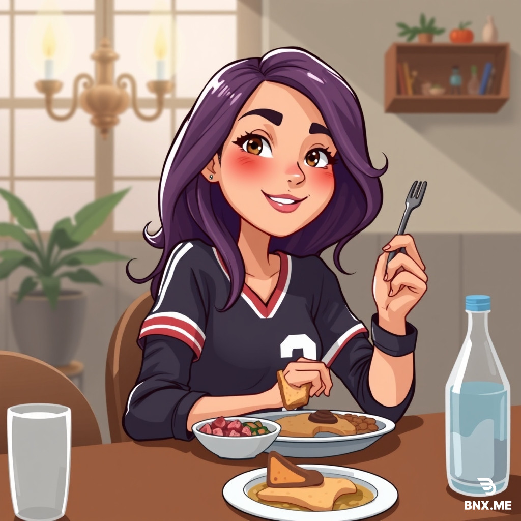 puoi creare un immagine in stile cartoon, di usn ragazza bio do asui 22 anni, che a tavola con una maglietta scolata fa un ruttino dopo mangiato.?