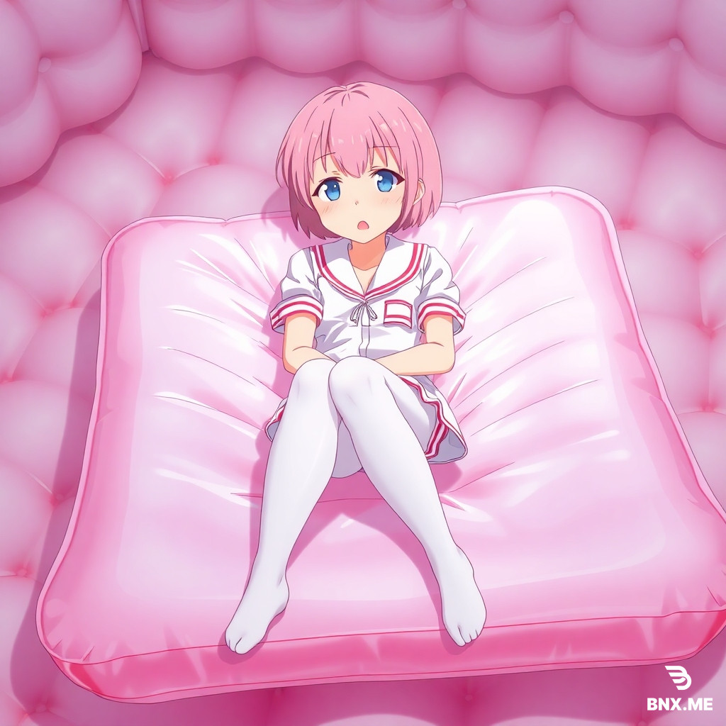 Anime style, young girl with short pink hair, wearing white JK uniform and white pantyhose, shy expression with soft breathless moaning look, lying on an extremely soft huge pink transparent square inflatable mattress. The girl sinks deeply into the soft inflatable mattress. The inflatable mattress has exaggerated thickness, fully inflated and bulging, with strong squeezing and wrapping sense. The whole background is a room entirely made of soft inflatable materials, and all elements in the picture are composed of soft texture materials.