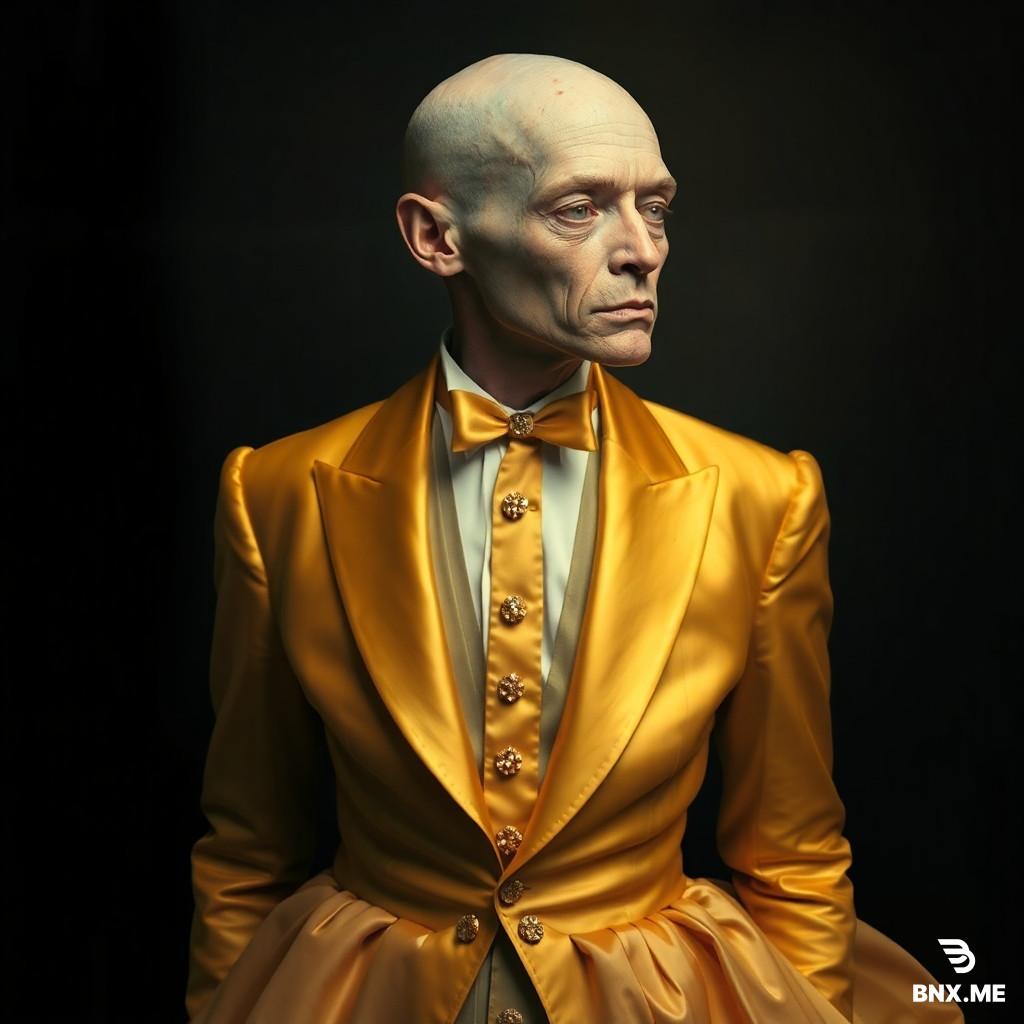 Un collage surrealista digitale. Un corpo umano androgino vestito con un abito da sera classico, ma le giunture delle braccia e della bocca mostrano ingranaggi metallici color oro e arcobaleno, come una marionetta meccanica."