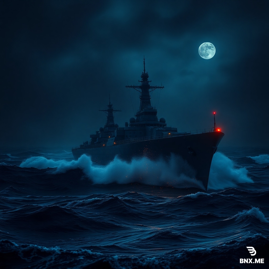 Cinematic wide shot, dark stormy sea at night. Massive Russian battlecruiser "Admiral Nakhimov" cutting through heavy waves. Steel clashes with water, sparks. Low-key dramatic lighting, faint moonlight and red warning lights. Photorealistic, 8K, epic movie scene.