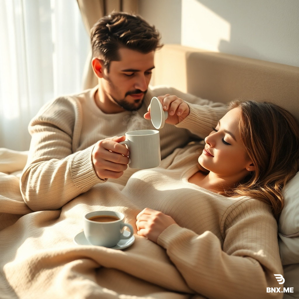 «Сделай любимой жене кофе»  A man in cozy home clothes gently placing a steaming cup of coffee on the bedside table next to his sleeping wife, soft morning sunlight, warm beige tones, atmosphere of love and care, photorealistic, 8k.