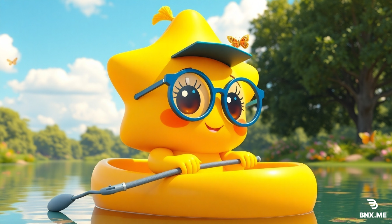 "3D animated cute golden star Lumi with oversized round blue glasses slightly crooked, tiny tilted graduation cap with gold tassel, big brown shiny eyes, rosy cheeks, heart smile, chubby arms, sitting on yellow rubber duck boat on sunny pond, swinging paddle, green trees, flowers, butterflies, blue sky, clouds, Pixar style, soft volumetric lighting, vibrant colors, 8k, wide shot, sunny."