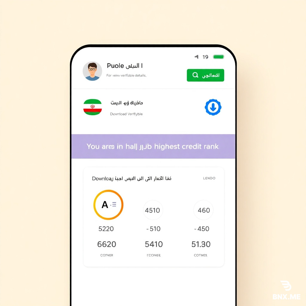 A clean, modern mobile app UI screen for a credit scoring dashboard. At the top, there is a prominent section with the text 'For viewing verifiable details, download' and a bright download button labeled 'Download Verifiable' in a contrasting color. Below, there is a user profile section showing a user avatar, the label 'Users', and a country flag badge for 'Iran'. Next to it, a brand logo or name 'LENDO' is displayed. The main card in the center shows a large credit score badge with the text 'You are in the highest credit rank' and a credit score of 'A - 648' in bold. Below the score, there are four circular or pill-shaped verification detail items with numbers: 520, 580, 460, and 450, possibly representing different credit metrics. The overall color scheme is clean, with light backgrounds, subtle shadows, and a professional fintech style. Use Persian/Farsi text exactly as described, with a left-to-right layout for numbers and English elements.
