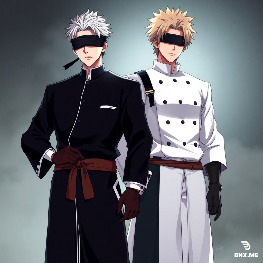 Satoru Gojo from Jujutsu Kaisen wearing Aizen Sosuke's white captain haori and black uniform from Bleach, with Aizen's brown sash and gloves, Gojo's white hair and blindfold not removed, hiding his six eyes, standing confidently, anime style, detailed clothing swap, dynamic pose, high quality, full body, vibrant colors, manga aesthetic, epic atmosphere. Aizen Sosuke from Bleach wearing Satoru Gojo's black high-collared uniform and blindfold, with Aizen's brown hair styled like himself smirking confidently, anime art style, outfit swap, detailed shading, full body portrait, cinematic lighting, 4k quality, fan art style.Satoru Gojo and Aizen Sosuke standing next to next, Gojo wearing Aizen's white captain coat, Aizen wearing Gojo's black blindfold uniform, both anime characters, outfit exchange, epic battle-freindly pose, vibrant anime colors, aizensglasses on his eyes