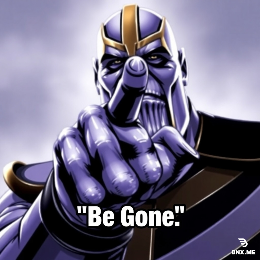 Generate a gif, with Thanos snapping his finger, and giving a quote "Be Gone"