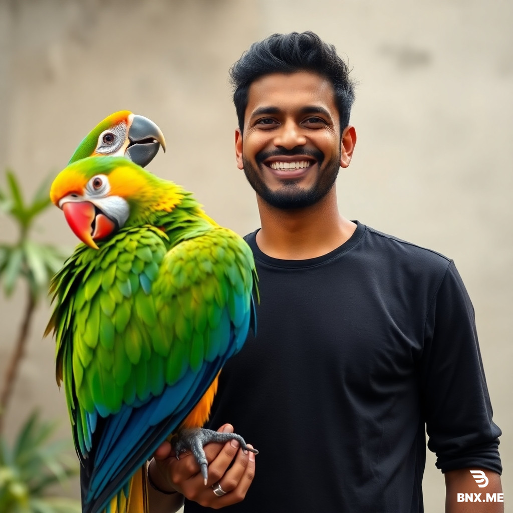 31 year old bangladeshi handsome male with a height of 6 feet 7.5 inches, holdina a giant parrot bird in his right hand and smilling loudly. That man is smaller than the parrot size