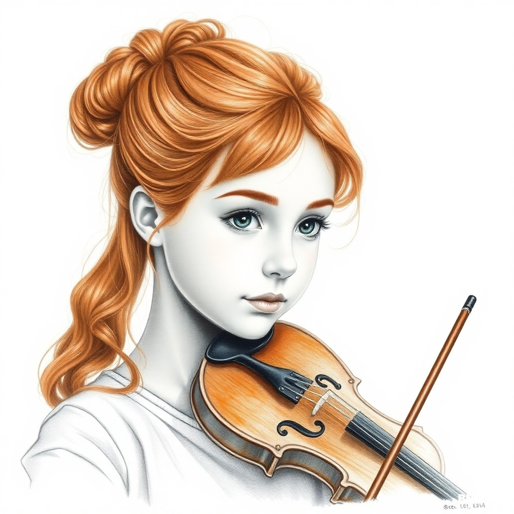 14-year-old girl, light reddish-brown wavy hair in a neat tight bun on crown, very narrow elongated face with round chin, small narrow green-hazel eyes, pear-shaped figure, 160 cm, playing violin, pencil sketch, soft shading, realistic portrait, graphite art, monochrome, high detail