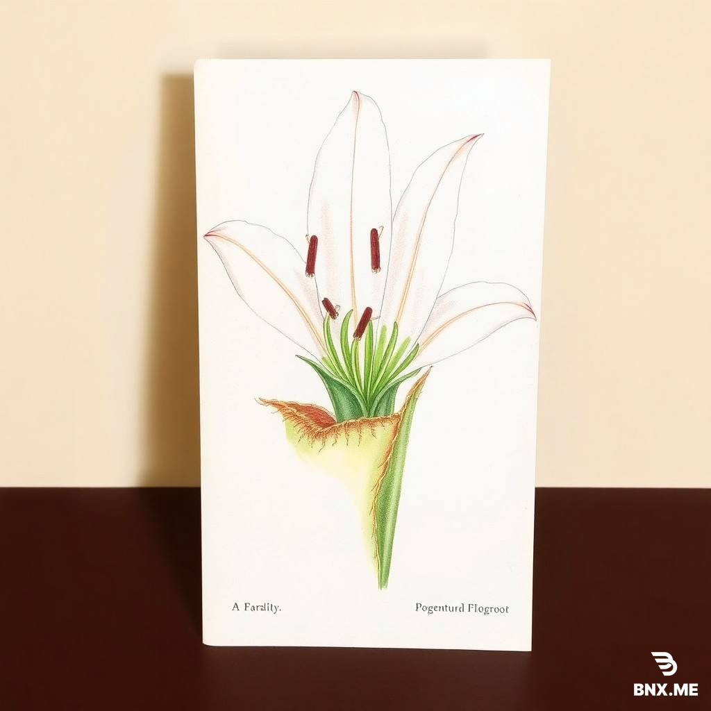 An antique botanical illustration drawn with fine lines and a touch of watercolour whimsy, depicting a strange lily crossed with a Venus flytrap, its petals poised as if ready to snap shut on any unsuspecting insects.