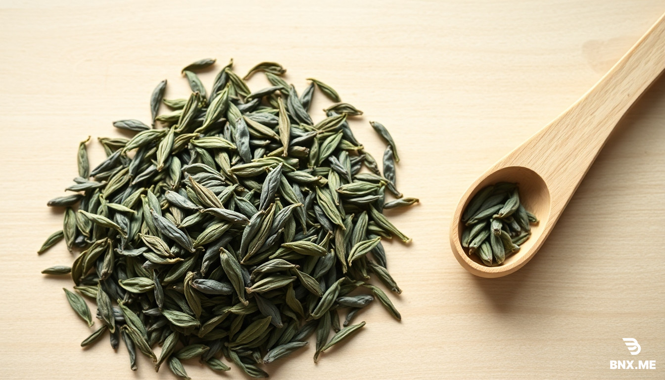 A close-up overhead photograph of realistic loose-leaf tea similar to those in the attached image, on a light-colored wooden surface, soft natural daylight from the left, shallow depth of field. The leaves are clearly visible, intact, with rich green-grey tones and some silvery tips. A small wooden measuring spoon with a few leaves is placed beside the pile. Composition is calm and minimal, with negative space on the right side suitable for text overlay. Editorial food photography style, warm and natural, no artificial filters, no people, no text, no logos. 16:9 horizontal orientation, web-optimized resolution.