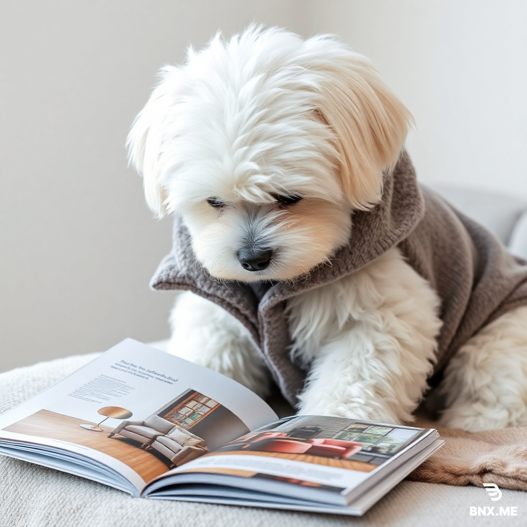 a maltese dog (all white, hairy, fluffy, drooping ears, black eyes and nose, rounded teddy-bear like face), seated,  with a shabby grey dog's coat looking at an open interior design magazine