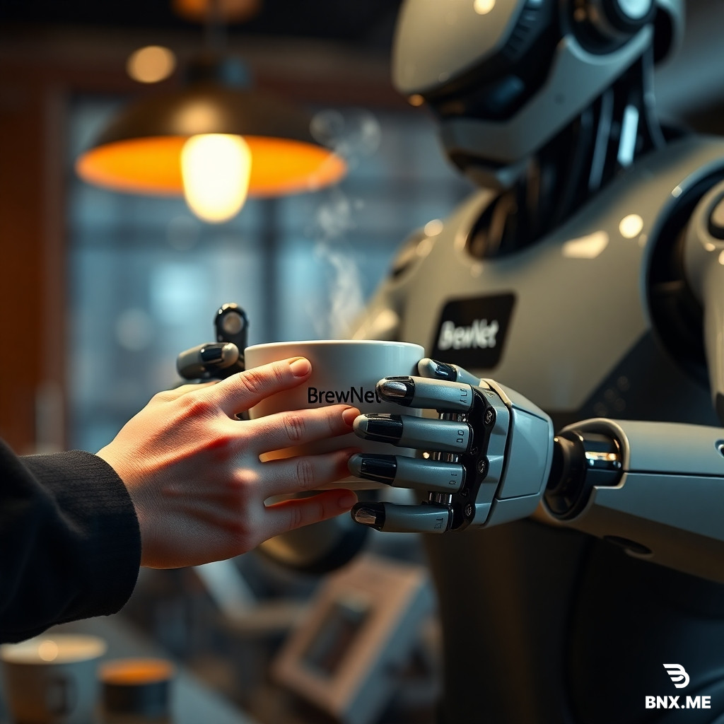 A cinematic, hyper-detailed poster of a futuristic robot barista handing a steaming ceramic cup of coffee to a human customer — extreme close-up on both sets of hands and fingers, showing mechanical articulation and soft, realistic human skin. The robot has a small logo on its chest that reads “BrewNet” in clean sans-serif, warm cinematic rim lighting, shallow depth of field, 8k detail, photorealistic, subtle film grain. Emphasize realistic fingers and correct anatomy, no extra or missing digits, no floating limbs. Include a faint cityscape bokeh in the background.