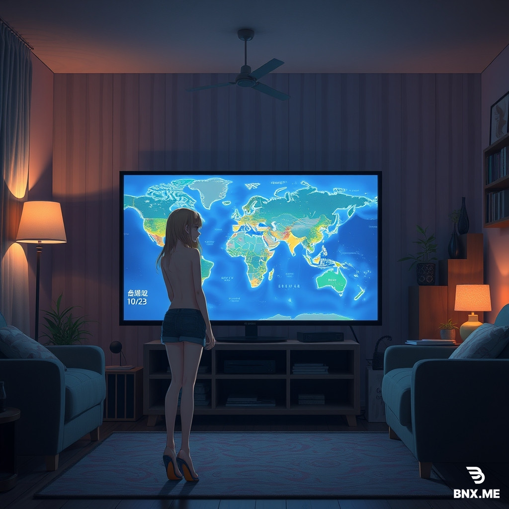 A 22 age  sexy girl stand in direct of room and watch TV. Blonde 170cm nice body TV show a map world