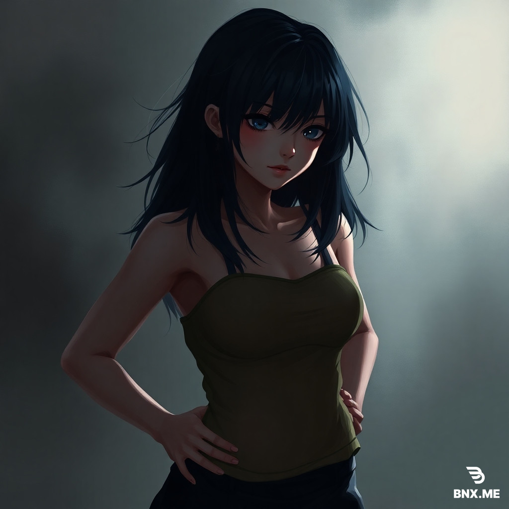 a young woman with her hands on her hips with black hair