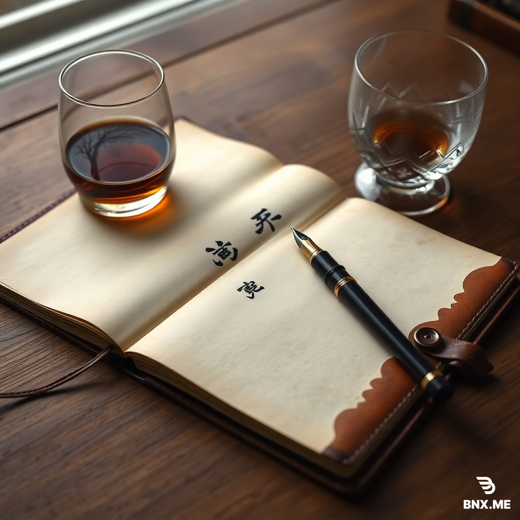 A close-up of an old leather-bound notebook lying open on a wooden desk. On the page, handwritten in ink are Chinese solar terms: "春分" "夏至" "秋分" "冬至" in elegant calligraphy. Beside the notebook, a crystal brandy glass with a last sip of amber Armagnac, and a vintage fountain pen resting on the page. In the reflection on the glass surface, a faint composite image of the same tree across four seasons: blooming, full, golden, bare. Mood: reflective, timeless, poetic. Color palette: warm amber, ink black, aged paper cream, subtle seasonal colors in reflection. Photorealistic, soft natural window light, 4K.