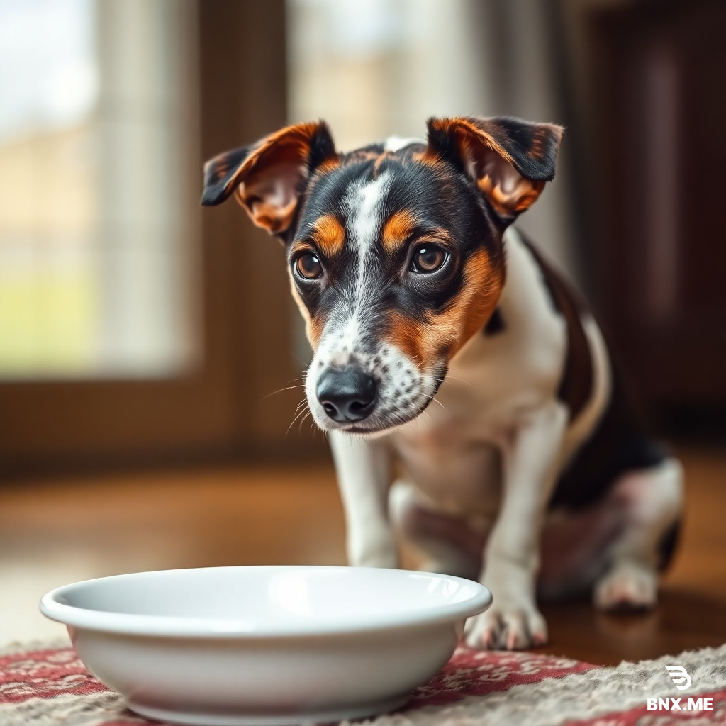 a jack russell terrier looking at an empty bowl
