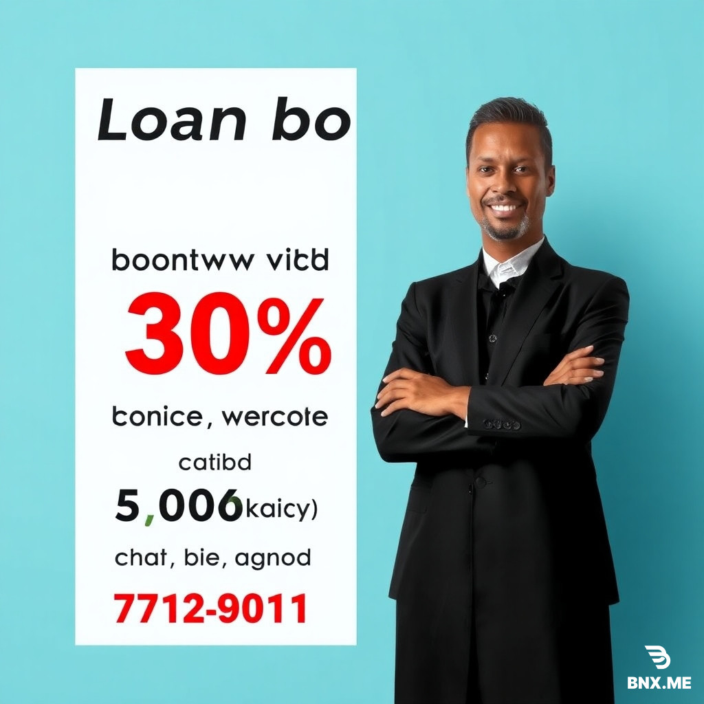 create a poster, advertising loan borrowing services, with 30 percent interest, customers can borrow from 200 rands to 5 000 rands, collateral required and they should contact 7812 9011