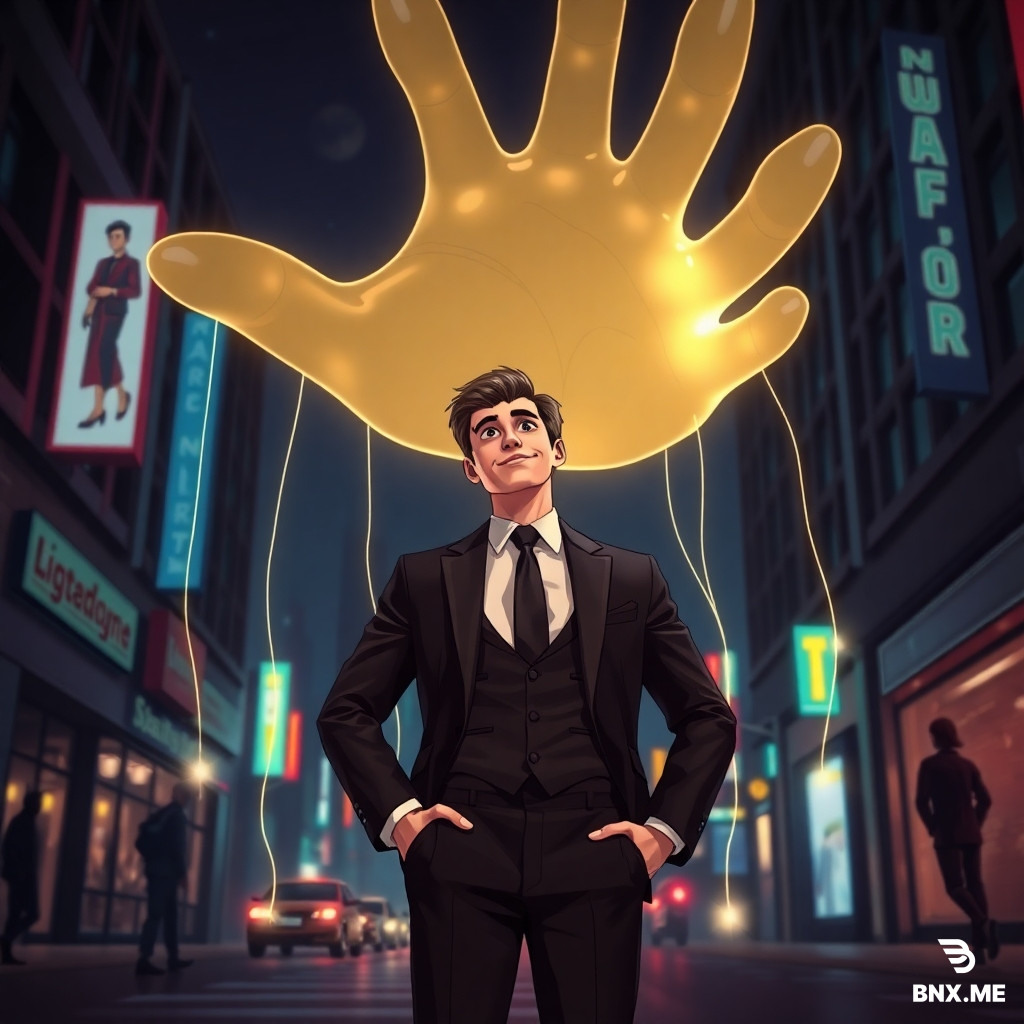 Cinematic 16:9 YouTube thumbnail illustration, Entergalactic-style animation blended with stylized cartoon fan-art aesthetics, rich vivid colors, polished CG feel. In the center, a confident young man in his early 20s (around 21–26), wearing a sharp tailored suit, standing in a neon-lit city street at night, arms relaxed, looking ahead unaware, calm expression. A giant ethereal translucent hand looms from above in a godfather-like pose, faint glowing strings subtly connected to the character's wrists, ankles, and nearby objects. The hand is barely visible — ghostly outline, soft haze, misty light trails — powerful but hidden. Behind the character, deep dark shadows and silhouettes create a sense of looming weight and mystery, representing unseen forces, life's unseen controls, and hidden influence. Deep dynamic composition, dramatic low-angle shot, strong depth of field, focus on the character's face and suit, while the hand dominates the upper frame. Tension between obliviousness and control. No text, no logos, no speech bubbles. Style: Spider-Verse/Entergalactic texture with crisp cartoon shading, neon purple, cyan, and magenta palette, moody atmospheric lighting, cinematic, 8k, detailed, trending on ArtStation.