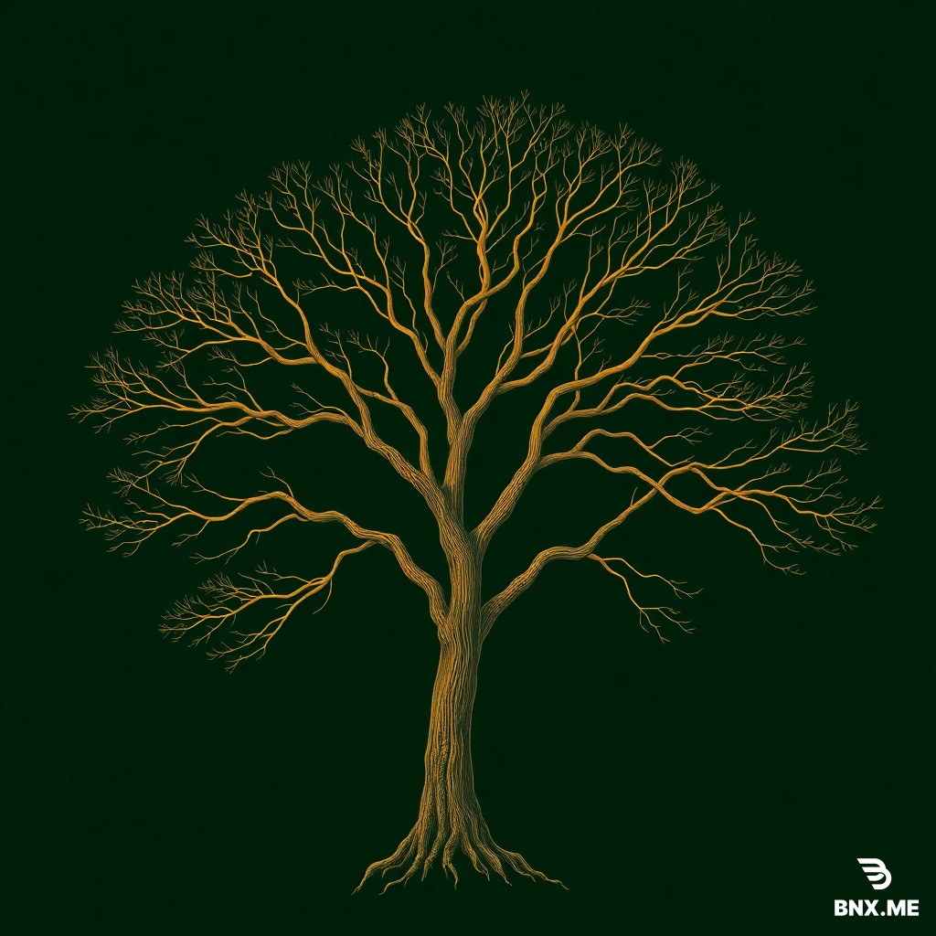 A majestic, large botanical tree growing from the bottom of the frame, spreading into exactly 8 large, distinct branches against a dark forest green background. Gold and bronze line art style, high-end scientific journal illustration, clean, minimal, no text, no labels, wide landscape format 16:9, suitable for a presentation background. Elegant, professional, botanical illustration style.