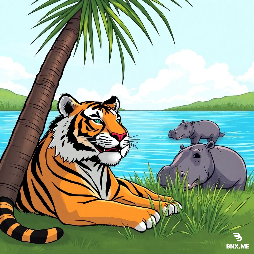 Smiling tiger lies under the palm near a blue lake. The tiger looks at two hippos eat grass