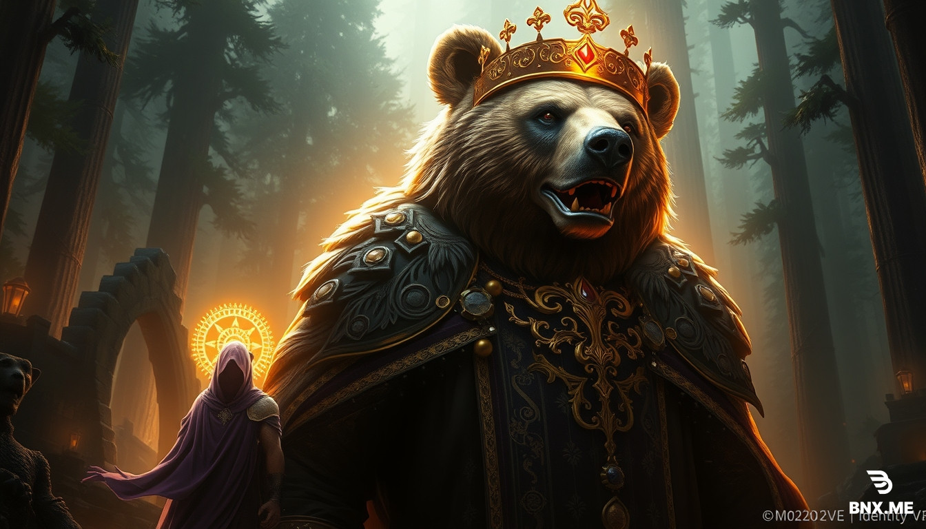 Identity V artstyle, dark fantasy, epic, a majestic bear wearing ornate divine robes and a golden crown, surrounded by golden light, a shadowy assassin bear in purple cloak, a steampunk sun gear, forest ruins, cinematic lighting, 8k, game poster