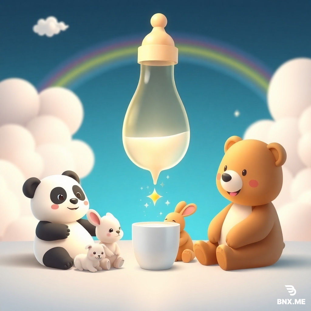 A cute and playful 3D cartoon-style advertisement for baby milk powder. The scene shows a group of adorable, chubby baby animals (a panda, a rabbit, and a bear cub) sitting around a large, magical-looking baby bottle that is floating and glowing with a soft, golden light. The bottle is pouring a stream of sparkling, star-shaped milk into a tiny cup. The background is a dreamy, soft pastel-colored fantasy world with clouds and rainbows. The overall mood is joyful, magical, and imaginative. Bright colors, high contrast, clean vector art style, 3D render, Pixar-inspired animation style.