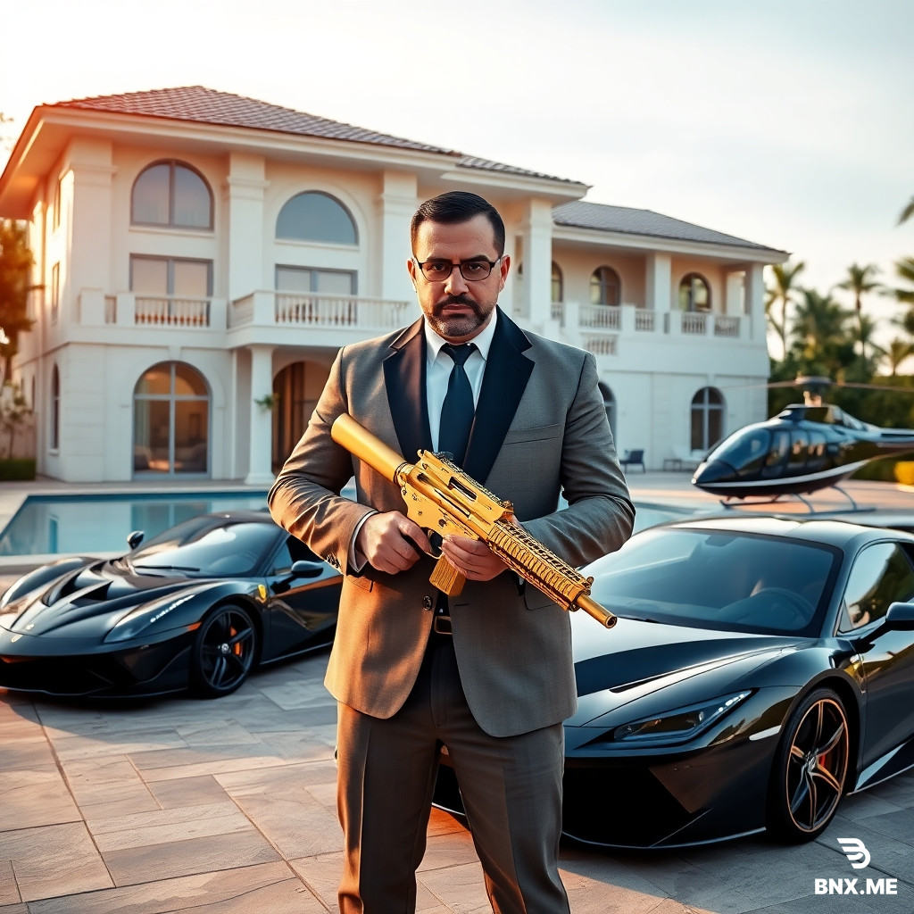 A Mexican mafioso stands in front of a luxurious villa with a swimming pool, holding a gold-plated machine gun in his hands. Supercars and luxury cars are parked next to the villa, as well as a private helicopter. Make it as luxurious as possible. Superrealism. 4K