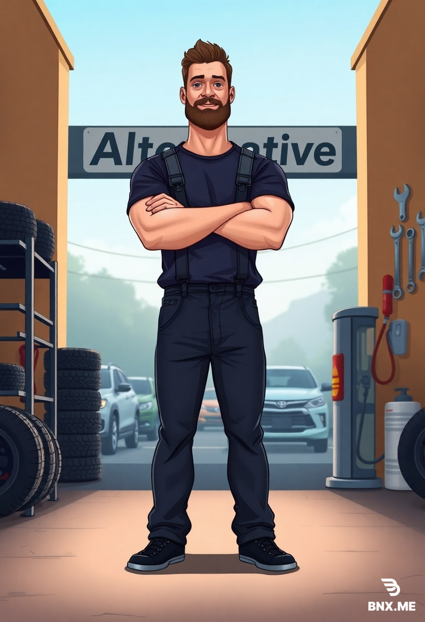 create a cartoon image in 2d based on the image and its drawing style (cartoon). hyperbolized body proportions. The head-to-body ratio is 1:2. The man stands tall in the foreground. Arms are crossed over his chest, legs shoulder-width apart. One leg is slightly forward (confidence). A man in a dark blue T-shirt (possibly with a logo), overalls. Behind it is the entrance to a service station with a stream of cars. The name "Alternative" is displayed on the gate/signboard. On the left or right is a rack with tires, an oil pump, and a pair of wrenches on the wall. Write to the chat if you need to change something else.