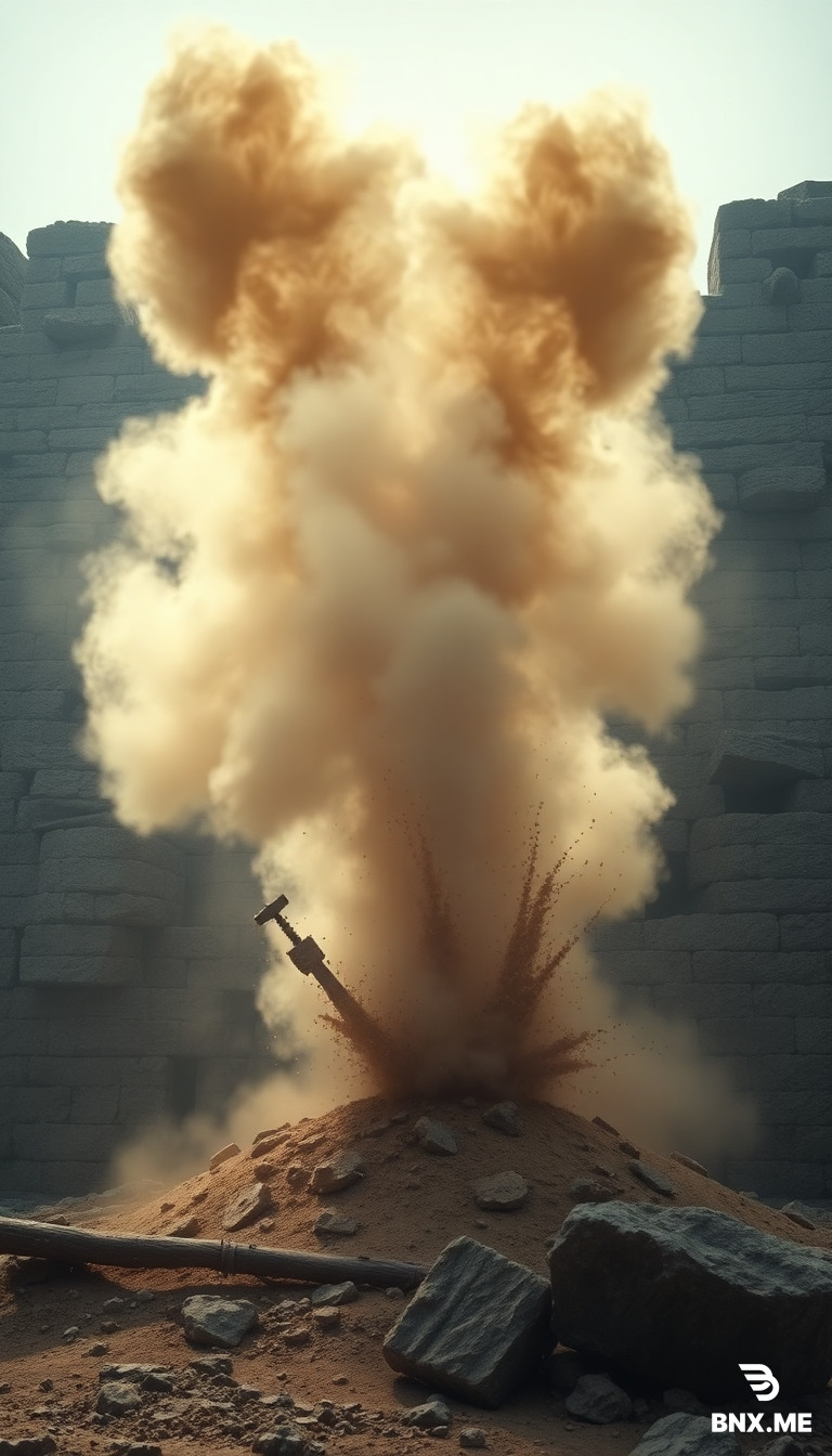 Visual Prompt:* A high-tension, cinematic action shot. A plume of dust and debris erupts from the base of a ancient stone wall—the aftermath of a dynamite charge. A silhouette of a man holding a detonator stands in the background. The stones look scarred and sad. Stark contrast between the ancient architecture and the destructive colonial tools. Photorealistic, dramatic smoke effects.