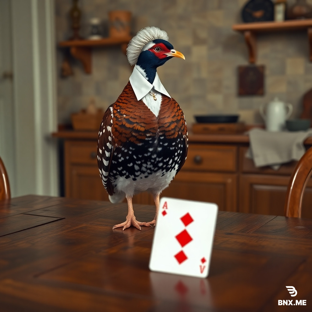 Realistic partridge with bonnet and waistcoat, standing on a wooden table in 1880s farmhouse kitchen, an Ace of Diamonds playing card lying on the table in front of it, natural bird posture. No humans, not anthropomorphic.