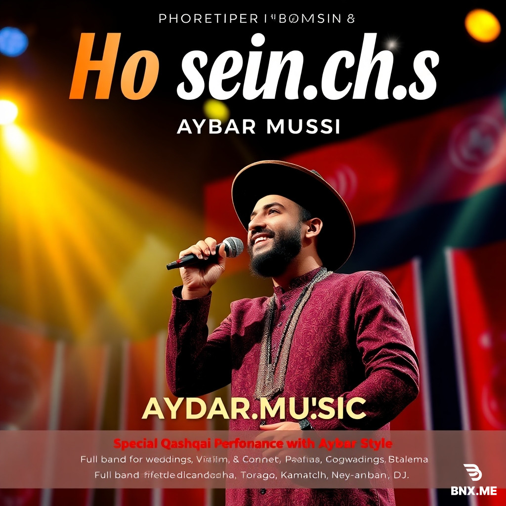 Design a premium promotional banner for a unique Qashqai singer named Hosein.ch.s and his band Aybar Music. Modern luxury style with Qashqai cultural elements. Colors: orange, red, gold, black with light flares. Text on banner: "Hosein.ch.s" (large), "Aybar Music", "Special Qashqai Performance with Aybar Style", subtitle: "Full band for weddings & concerts: Keyboard, Drums, Baglama, Electro-Baglama, Violin, Kamancheh, Tomba, Ney-anban, DJ". Image: a charismatic man with Qashqai hat and modern traditional outfit singing on stage with professional lighting and Qashqai flags background. Size 1920x1080, high resolution, energetic and joyful atmosphere.