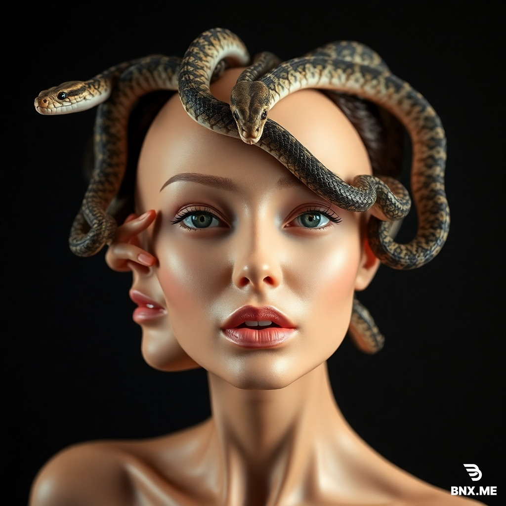 A woman head model with out hear  and snakes around her head just like headphon grip  biting her head in two-sided