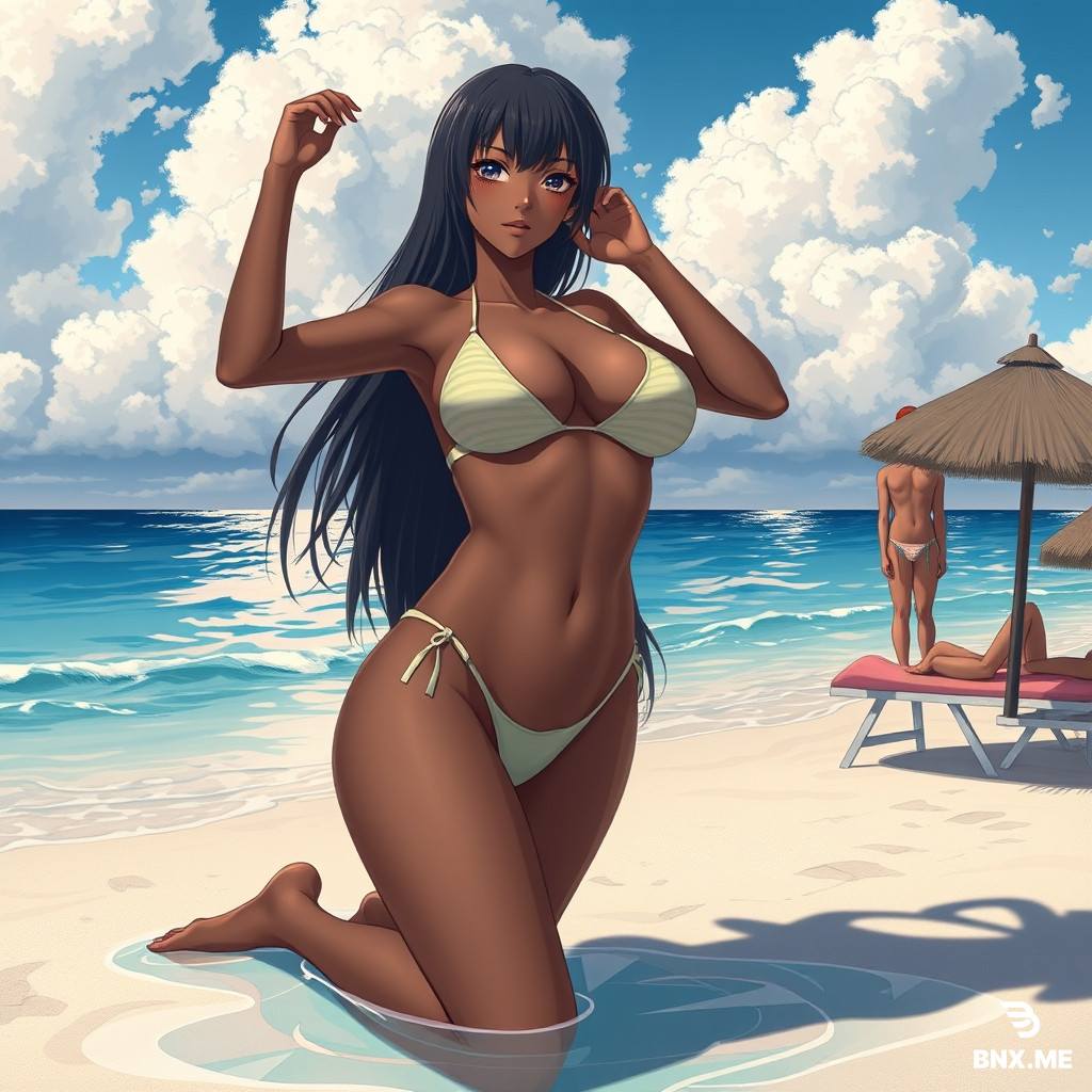 Futanari dark skinned on the beach in bikini anime big boob's big ass giant cock