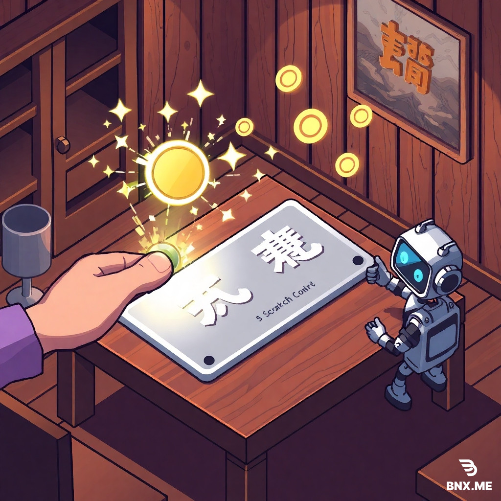 A pixel art scene showing a shiny "刮个爽" scratch card lying on a wooden table inside a cozy pixel room. A hand holding a coin is ready to scratch the silver panel. Glowing pixel sparkles and floating coins burst from the card. A small robot sits next to the card, giving a thumbs-up. Inspired by the Steam game "刮个爽", pixel art, isometric view, warm lighting, detailed, 2D game art.