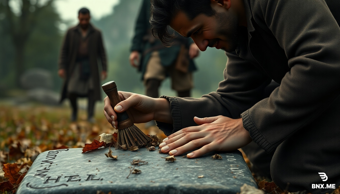 3D realistic cinematic, profile view of third man kneeling. He has placed his hoe aside and is using both hands to brush away dry leaves from a flat stone. The stone has faint carvings. His expression is curious but cautious. The other two men are blurred in background approaching. 8K.