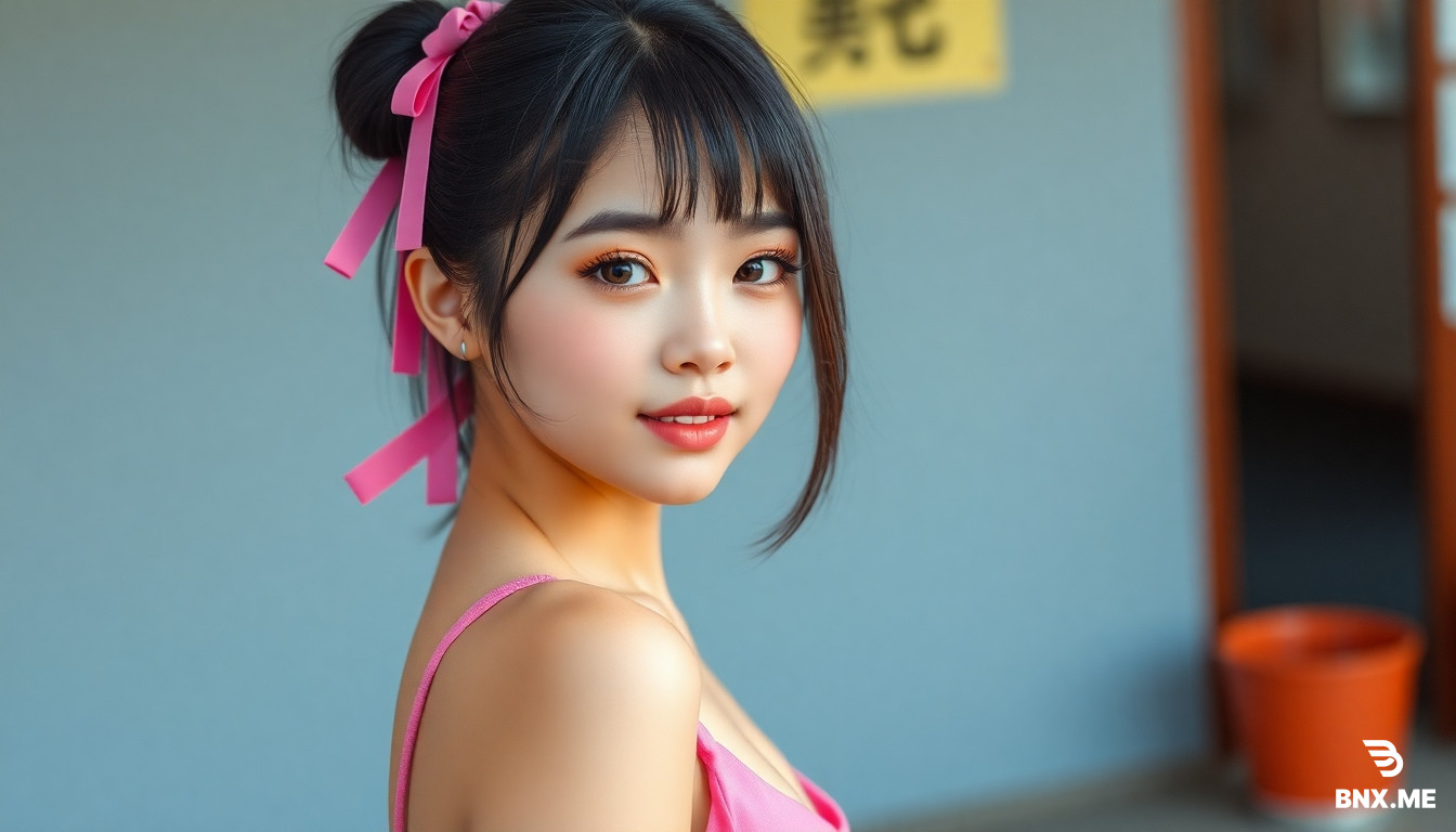 generarme una chica asiática para ser preciso una japonesa de 25 año que sea muy kawaii muy linda y tierna hyper-realistic que el cabello sea de color negro la pollina o flequillo no se si se dice así le llegue casi a las cejas qué la chica use un escote de color rosa y unos mini shorts como el que usa para hacer deporte o ejercicios en Japón del mismo color cada detalle de la chica debe ser muy hyper-realistic
