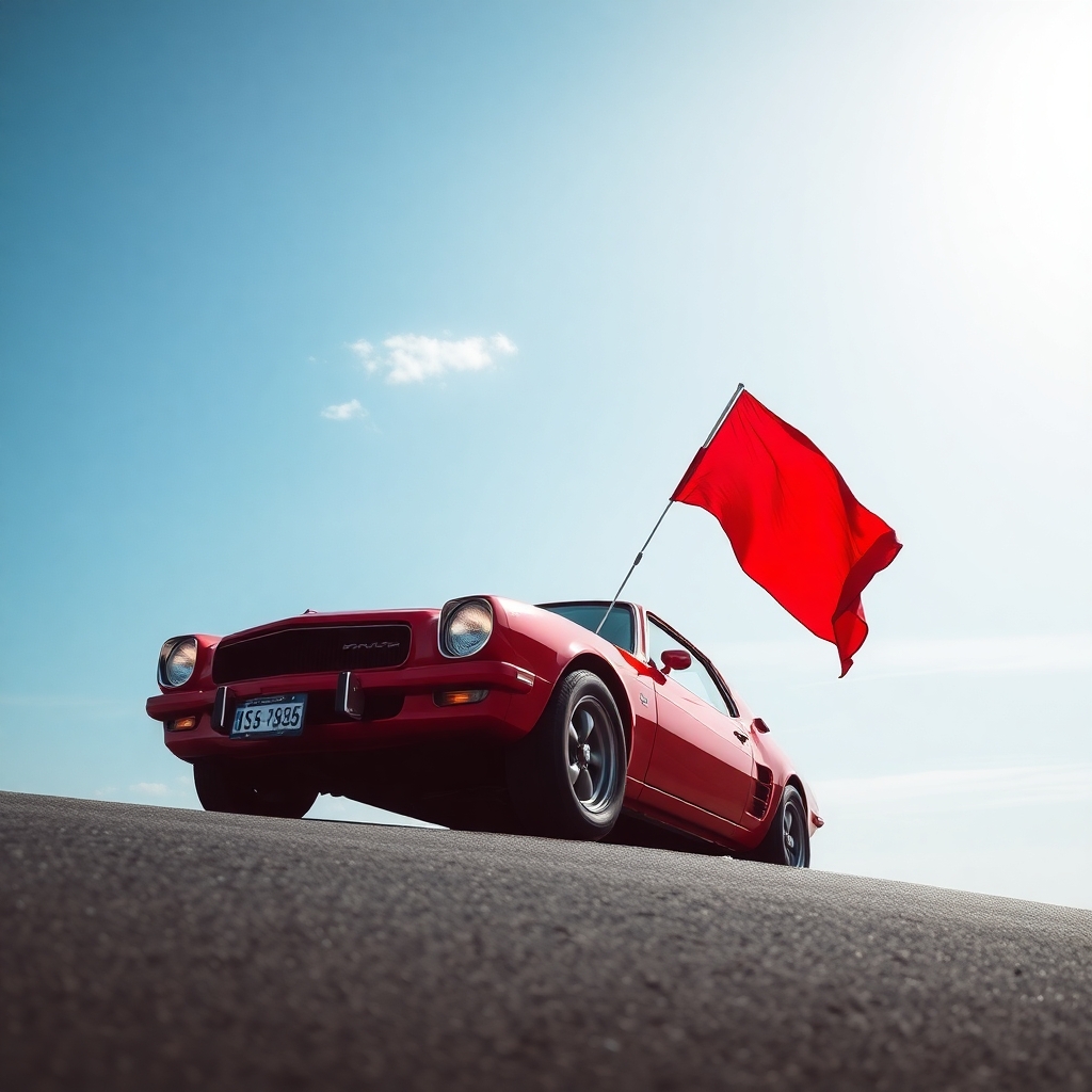 big car with red flag