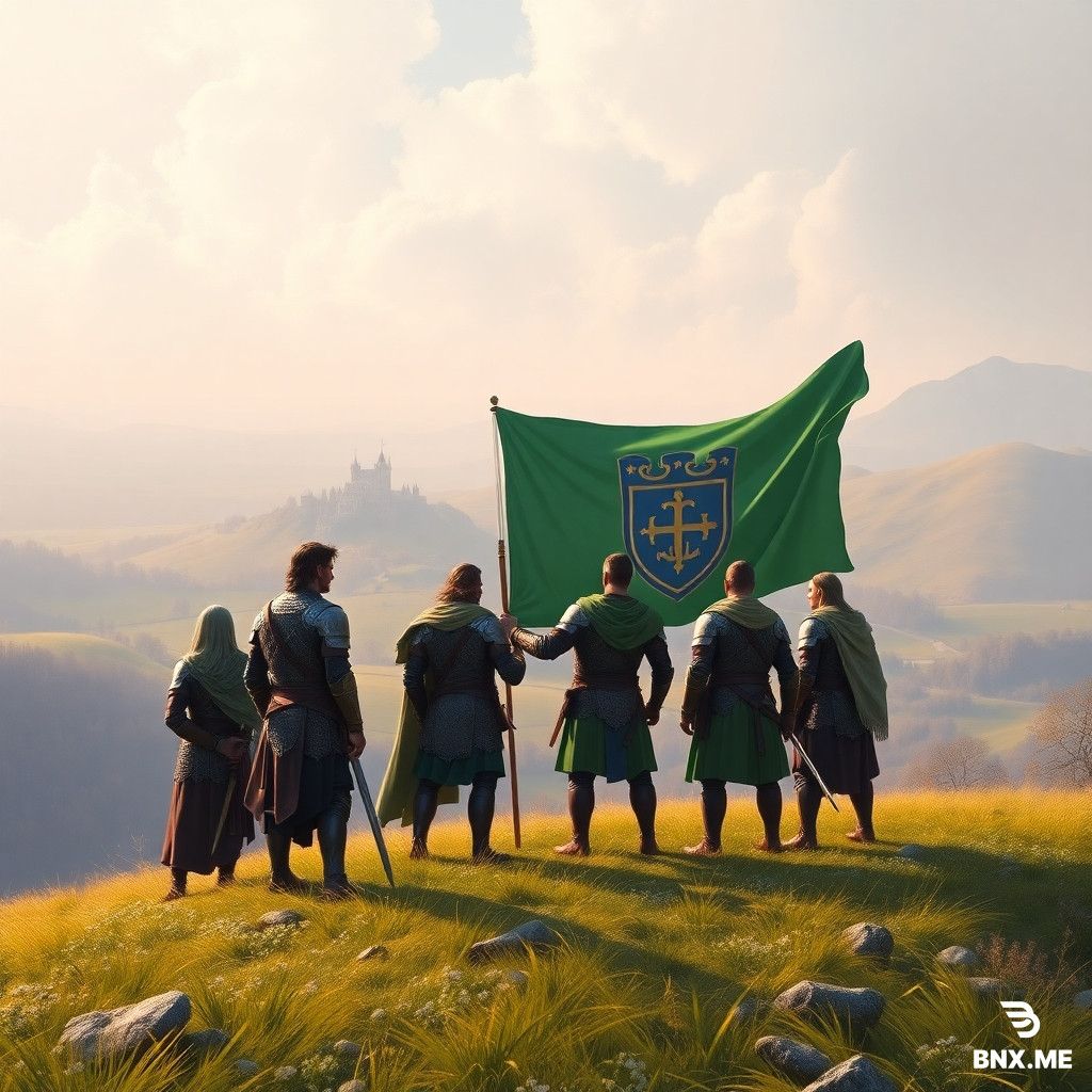 A cinematic wide shot of a group of determined characters in medieval-style armor standing on a grassy hill, overlooking a peaceful valley with a fortress. They hold a large green-and-blue flag with a coat of arms. Pastel tones, soft light, no violence, no weapons drawn. Style: digital painting, fantasy art, high detail, 16:9 aspect ratio.