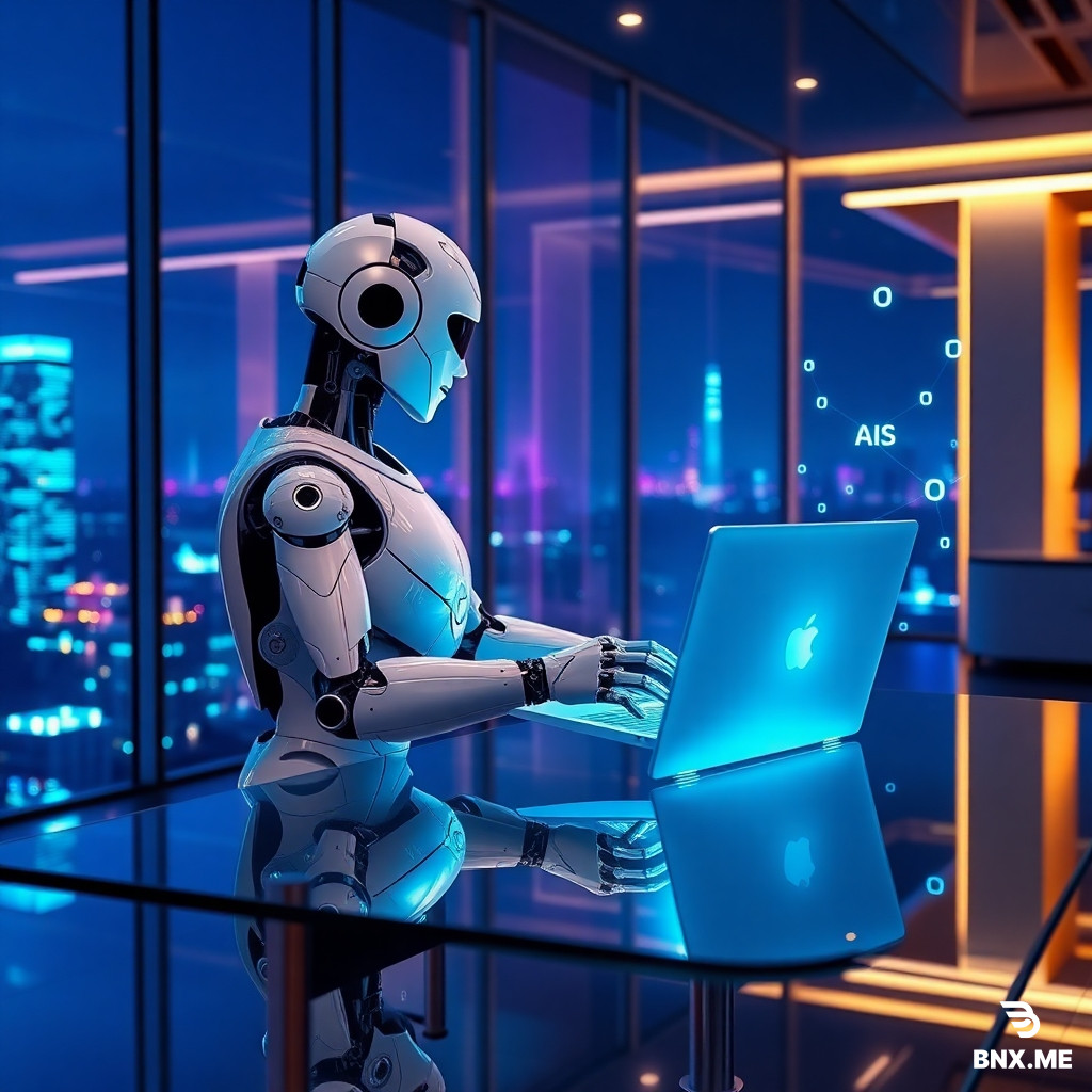 A futuristic humanoid AI robot with a flawless white and chrome metallic body, seated gracefully at a minimalist glass desk, interacting with a glowing transparent holographic laptop, floating digital equations and AI neural network nodes surrounding it, background is a luxurious futuristic penthouse with panoramic night city view through floor-to-ceiling windows, neon blue and violet ambient lighting reflecting off the robot’s surface, photorealistic, hyper-detailed, cinematic depth of field, award-winning composition, moody sci-fi aesthetic, 8k, unreal engine 5 render style, sharp focus, no animals, only robot