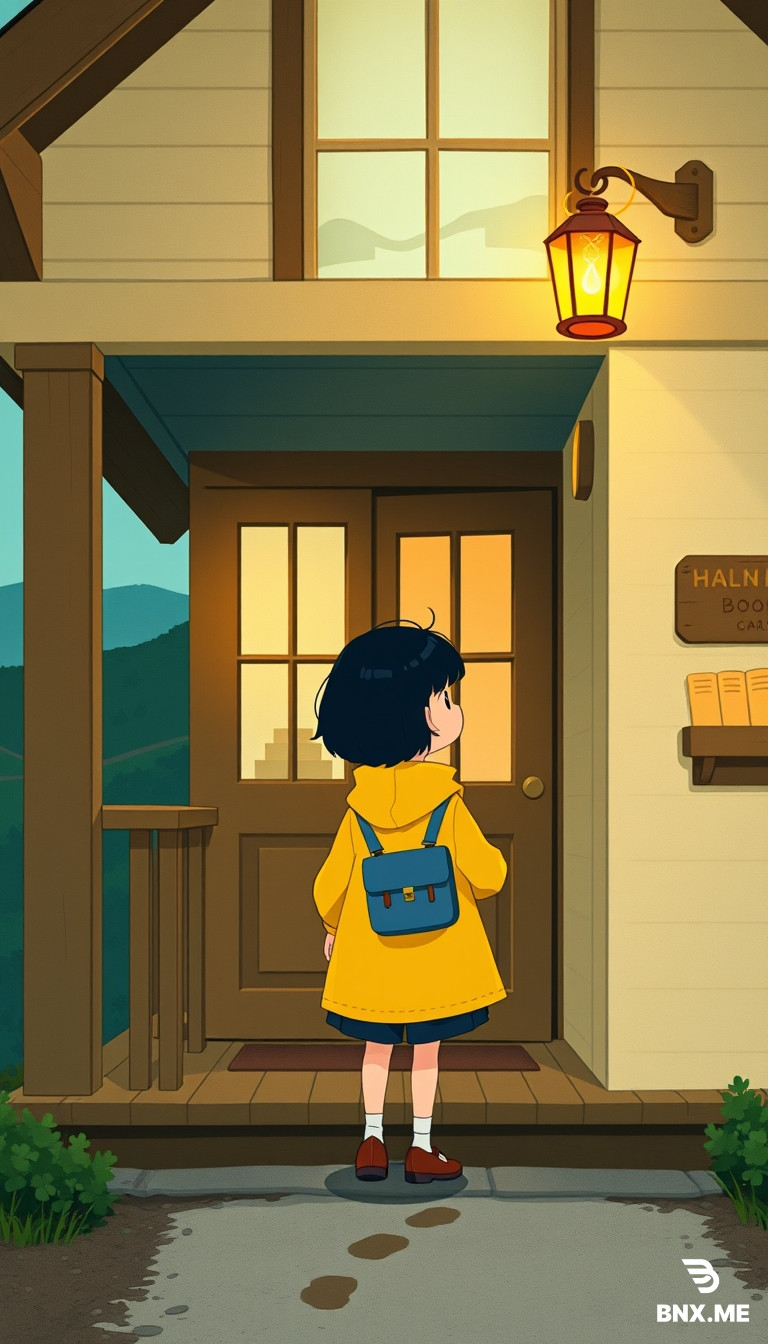 Mina, a young girl with a round yellow raincoat, short dark hair, and a small blue satchel, standing on the front porch of a unique hilltop bookshop at early evening, looking with gentle surprise at an empty wooden lantern hook beside the door, wooden porch railing, two simple flower pots, cream walls, quiet hill path, warm light glowing from the bookshop window, empty hook clearly visible, yellow cord loop hanging from the hook, one small muddy footprint visible below it, wide storybook composition, clear focal point on the empty hook and footprint, calm curious mood, soft teal evening sky and warm amber light, no other people, LOCKED BRAND STYLE: Soft storybook illustration, deep teal and warm amber on a cream background, rounded shapes, gentle outlines, a warm light source visible in the scene, a calm and warm mood, no realistic textures, no 3D, no dark shadows, no anime, family-friendly, original design.