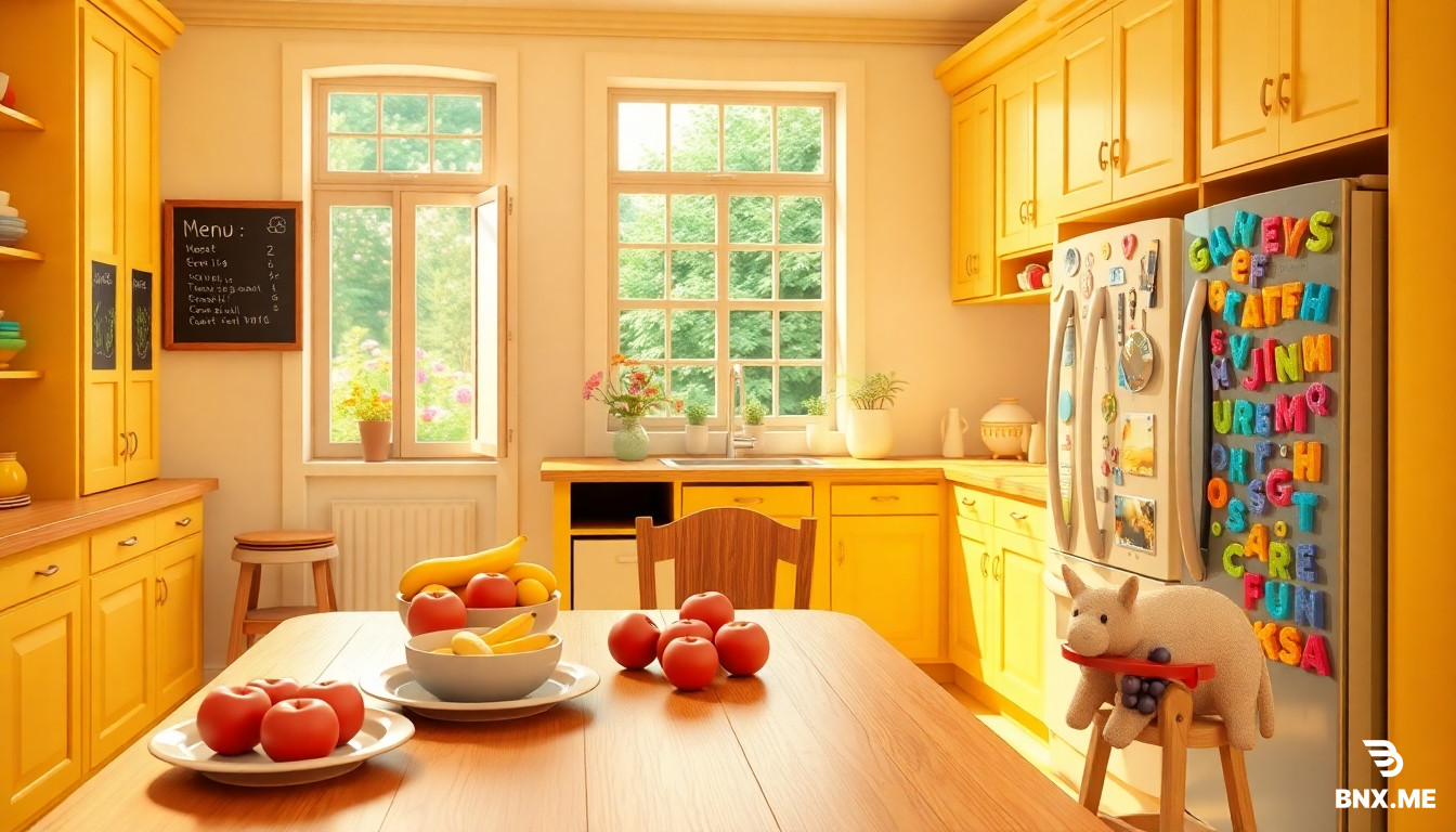 "3D animated interior scene, a warm cozy kitchen with bright yellow cabinets and a big wooden dining table, colorful plates and bowls shaped like animals, a high chair with a tray, fruit bowls filled with bright red apples, yellow bananas, and purple grapes, a chalkboard menu board on the wall, a window showing a sunny garden with flowers, small potted herbs on the windowsill, a refrigerator covered with colorful magnet letters and numbers, warm golden lighting, Pixar/Illumination style, bright vibrant colors, high detail, 8k resolution."