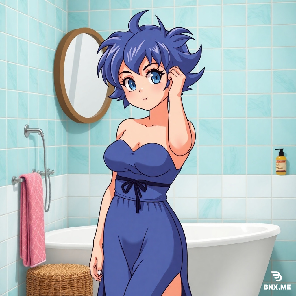 BULMA STILE ANIME DEFINIZIONE ALTA VESTITA IN COSTUME DA BAGNO CON SENO IN VISTA
