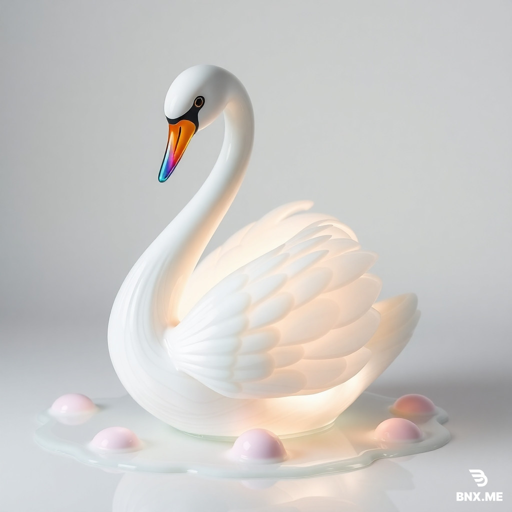 3D porcelain swan with rainbow glass beak and spiral feathers, standing on pastel ice cream pond, glowing softly from inside, high fashion surreal tone.