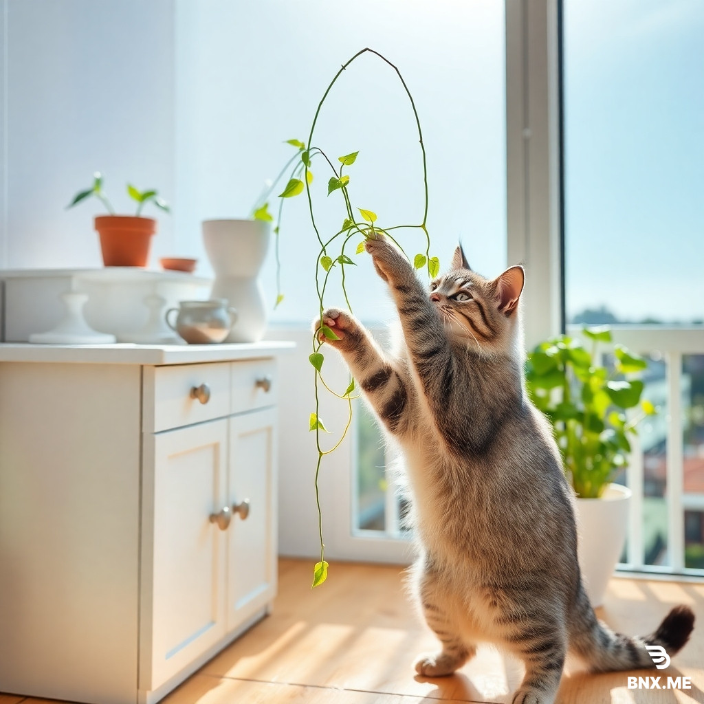 At 8 a.m., the sunlight streamed into the balcony of the house. There was a tall white cabinet on the balcony, with a spider plant placed on top. The spider plant had grown very long, reaching 40 centimeters from the ground. A 13-pound silver tabby male cat was playing with the spider plant. He stood up and used his paws to play with the plant, and at the same time tried to bite it with his teeth. He was very lively and cute. Please generate a scene in the style of a documentary photo.