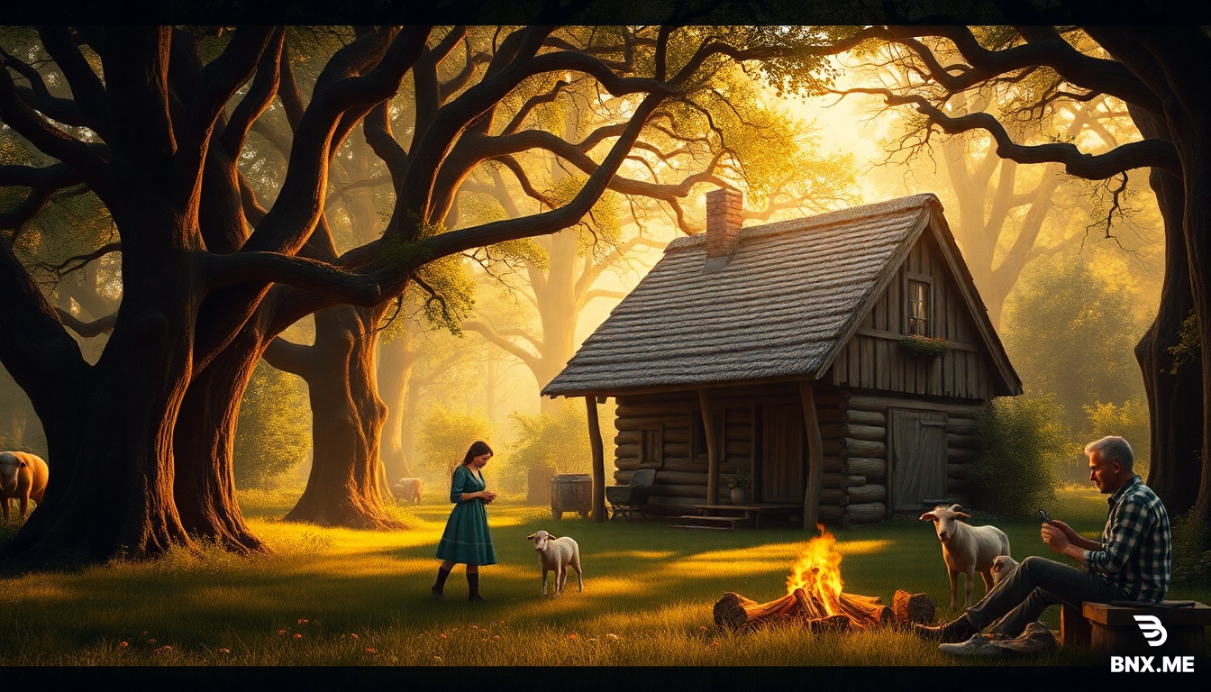 "A dense oak forest, an old wooden cottage with a thatched roof in the middle, a woman in a rustic dress milking a goat near the cottage, a little girl playing with a baby goat on the grass, a man sitting by a campfire roasting corn over an open flame, warm and peaceful atmosphere, sunlight filtering through the tree branches, detailed natural scenery, realistic style, warm tones, soft lighting, cinematic composition."