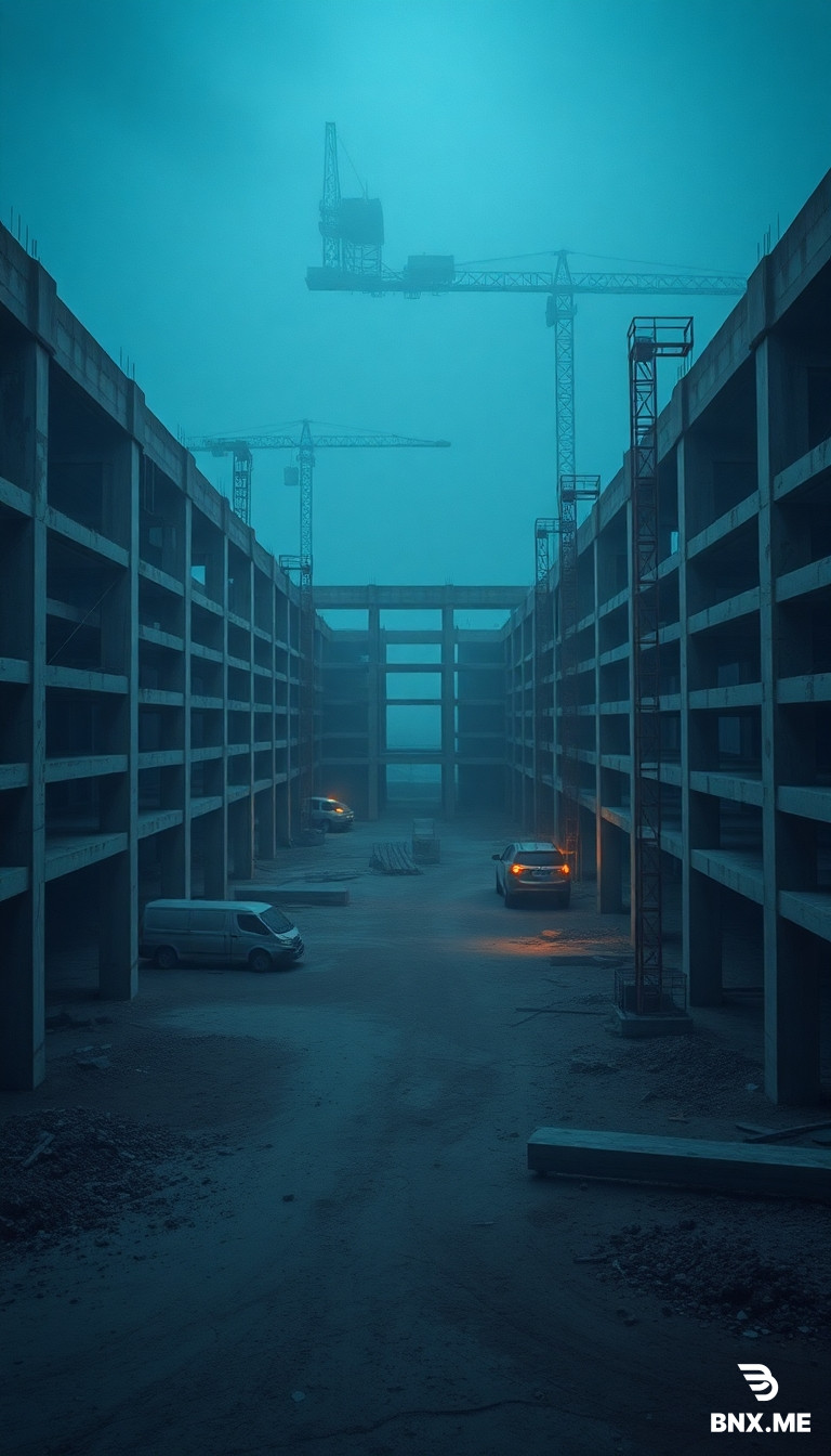 composition: a large concrete construction site, everything around is covered in dust and dirt