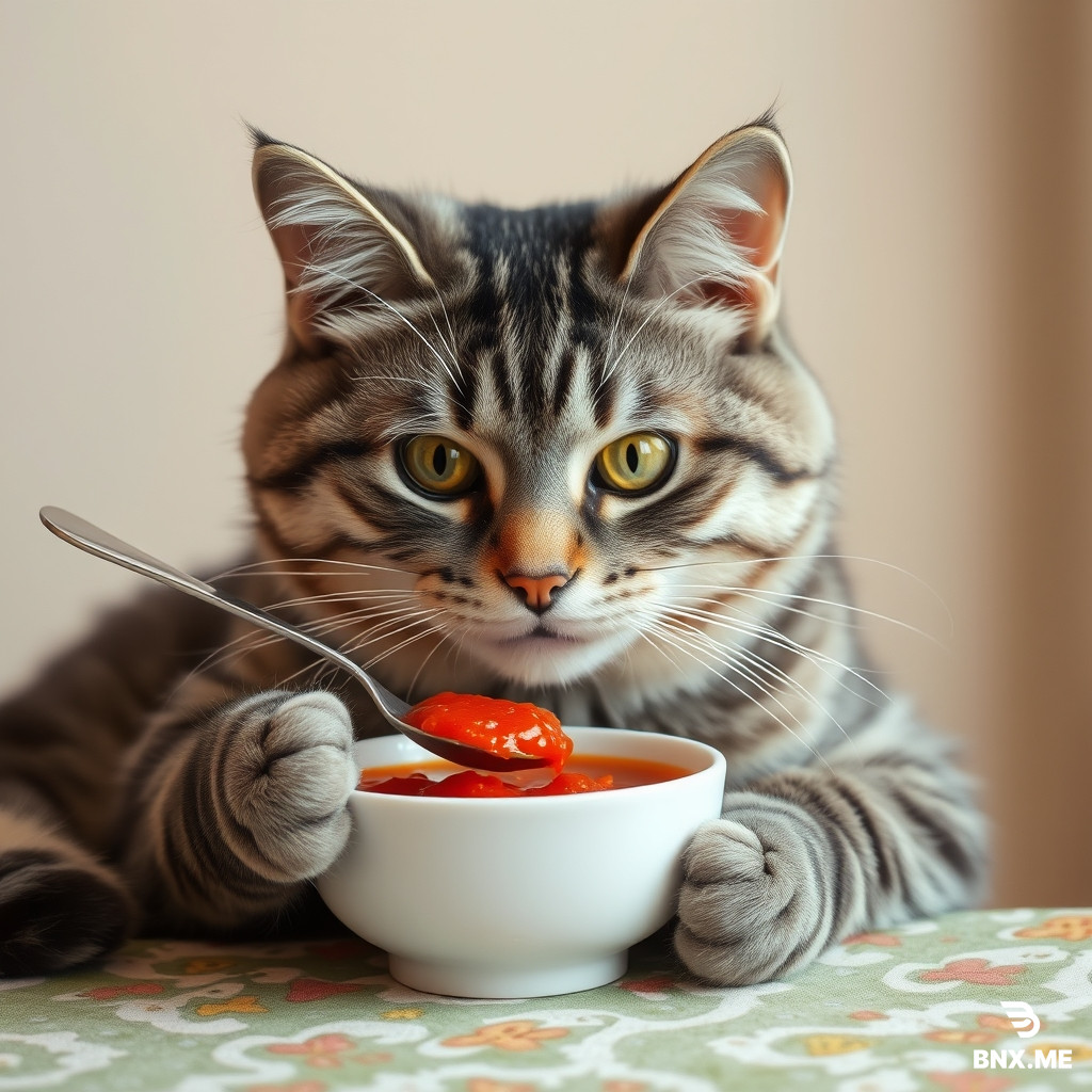 Grey Cat with stripes eat red borshch with spoon in one hand